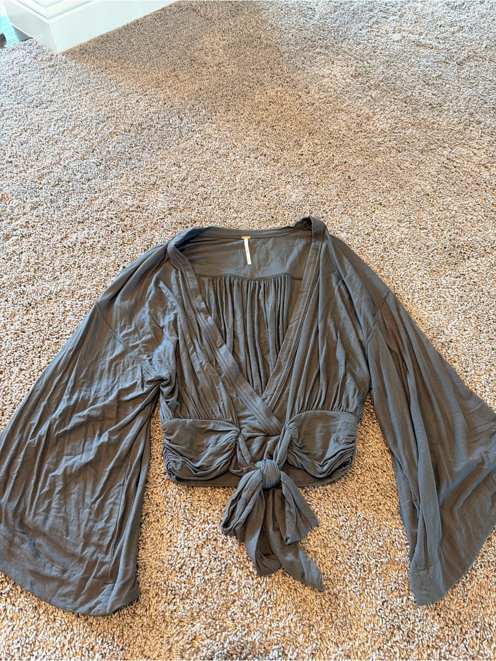 Free People Gray Tie-Front Wrap Blouse